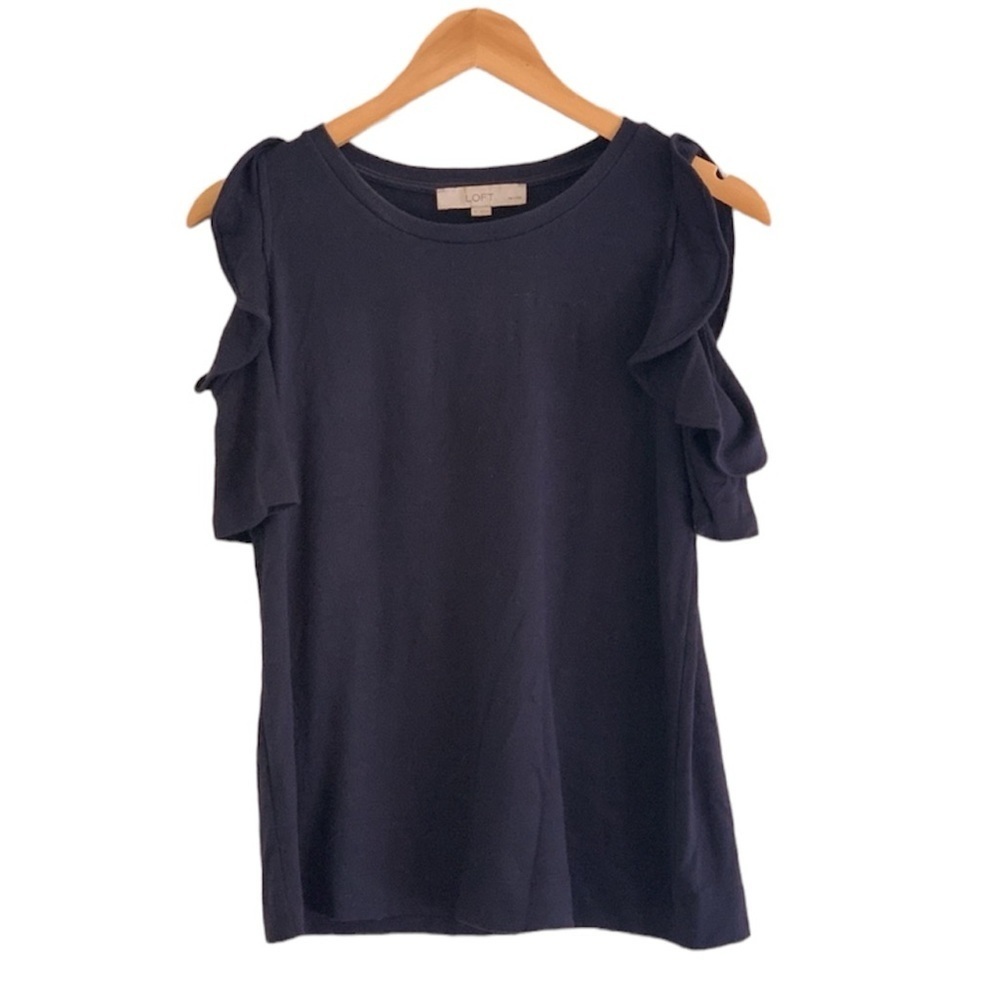 Loft | Navy ruffle short sleeve tee shirt top size small petite